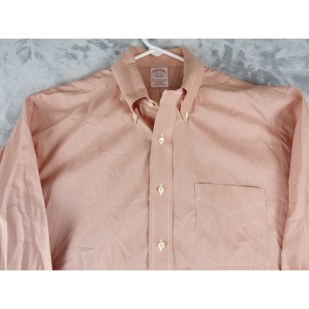Brooks Brothers Shirt Mens Large Orange Micro Check Button Down Non Iron Cotton‎